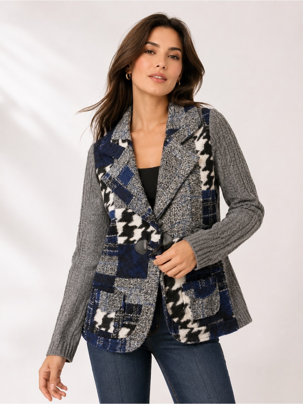Linea Domani Knit Blazer Jacket - Navy, Gray & White, size medium